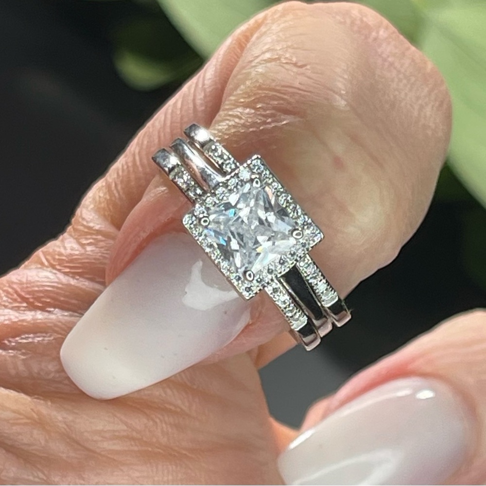 Solid Silver 925 Double Wedding Emgagement Ring S… - image 8